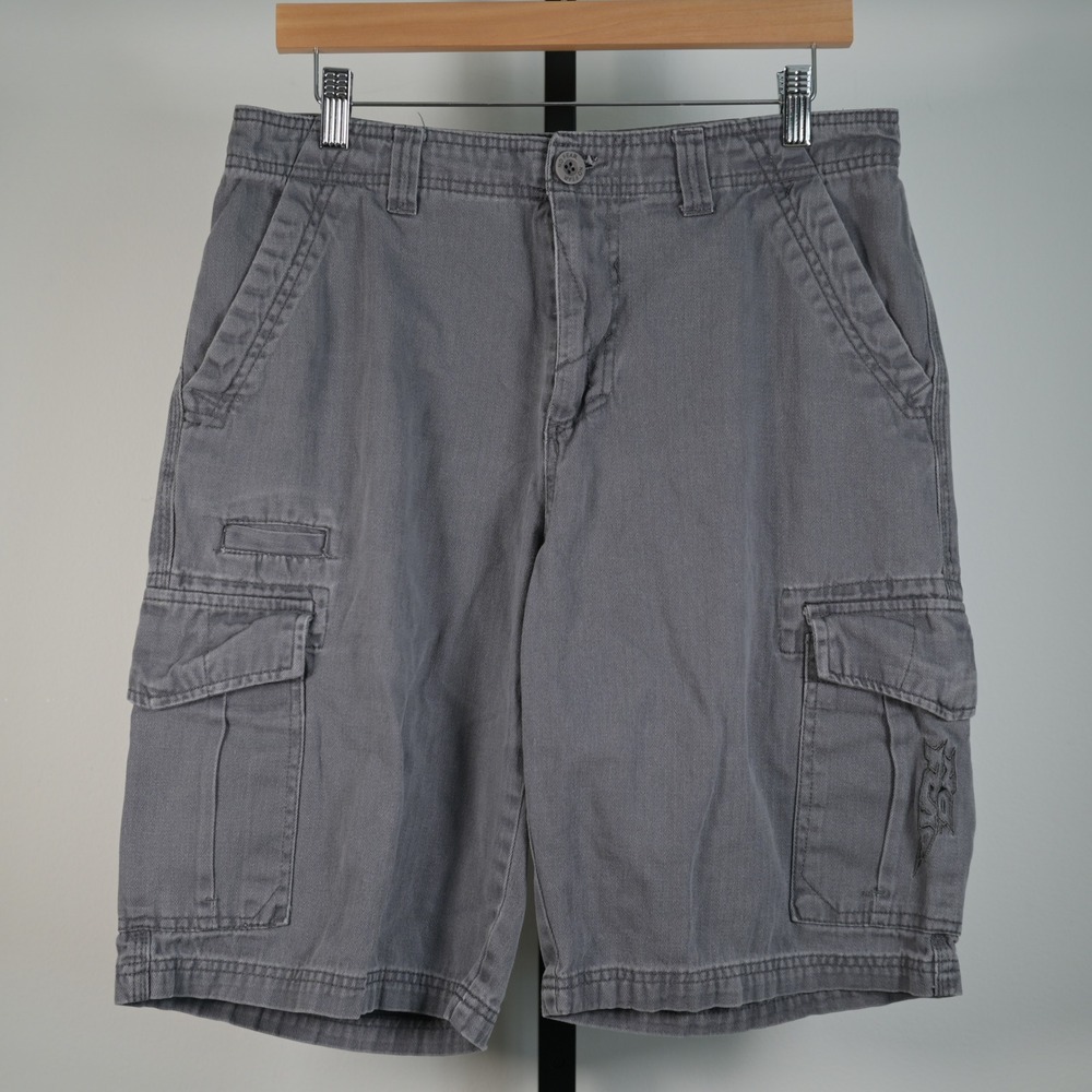 VTG No Fear Mens 34 Chino Cargo Shorts Gray Herringbone Y2K Skater Grunge